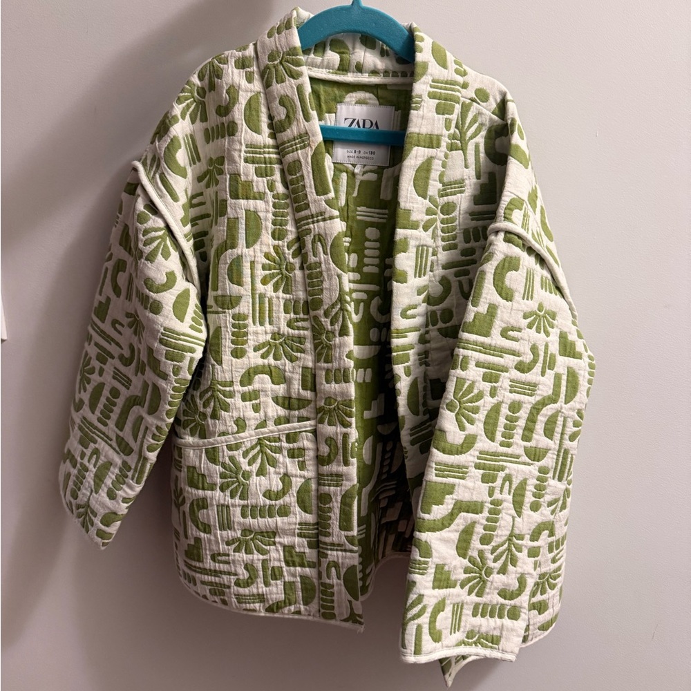 Zara Kids Green and White Patterned Puffer Jacket